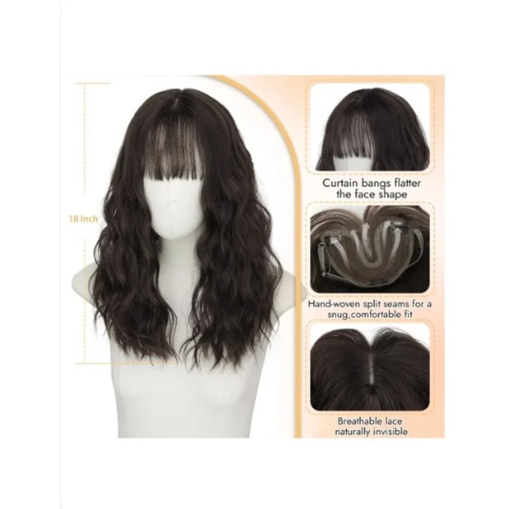 MONIXI 18 Inch Wavy Synthetic Hair Topper Dark Brown French Bangs 6x5 Base